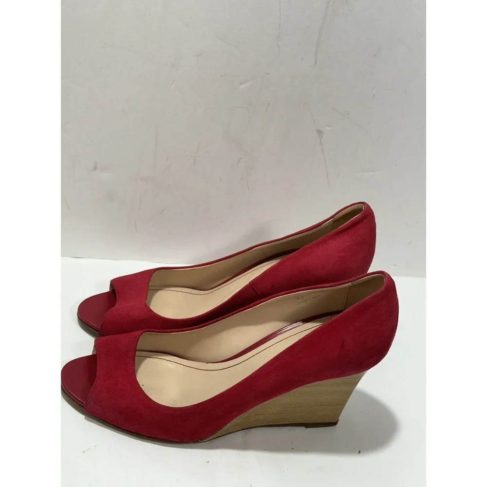 Tod's Crimson Red Suede Peep Toe Wedge Pumps Size 37 (US 7 ) Women's Shoes